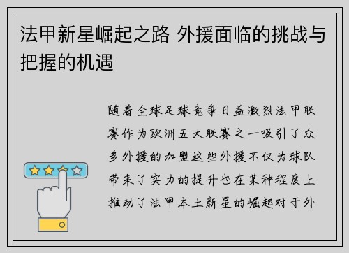 法甲新星崛起之路 外援面临的挑战与把握的机遇